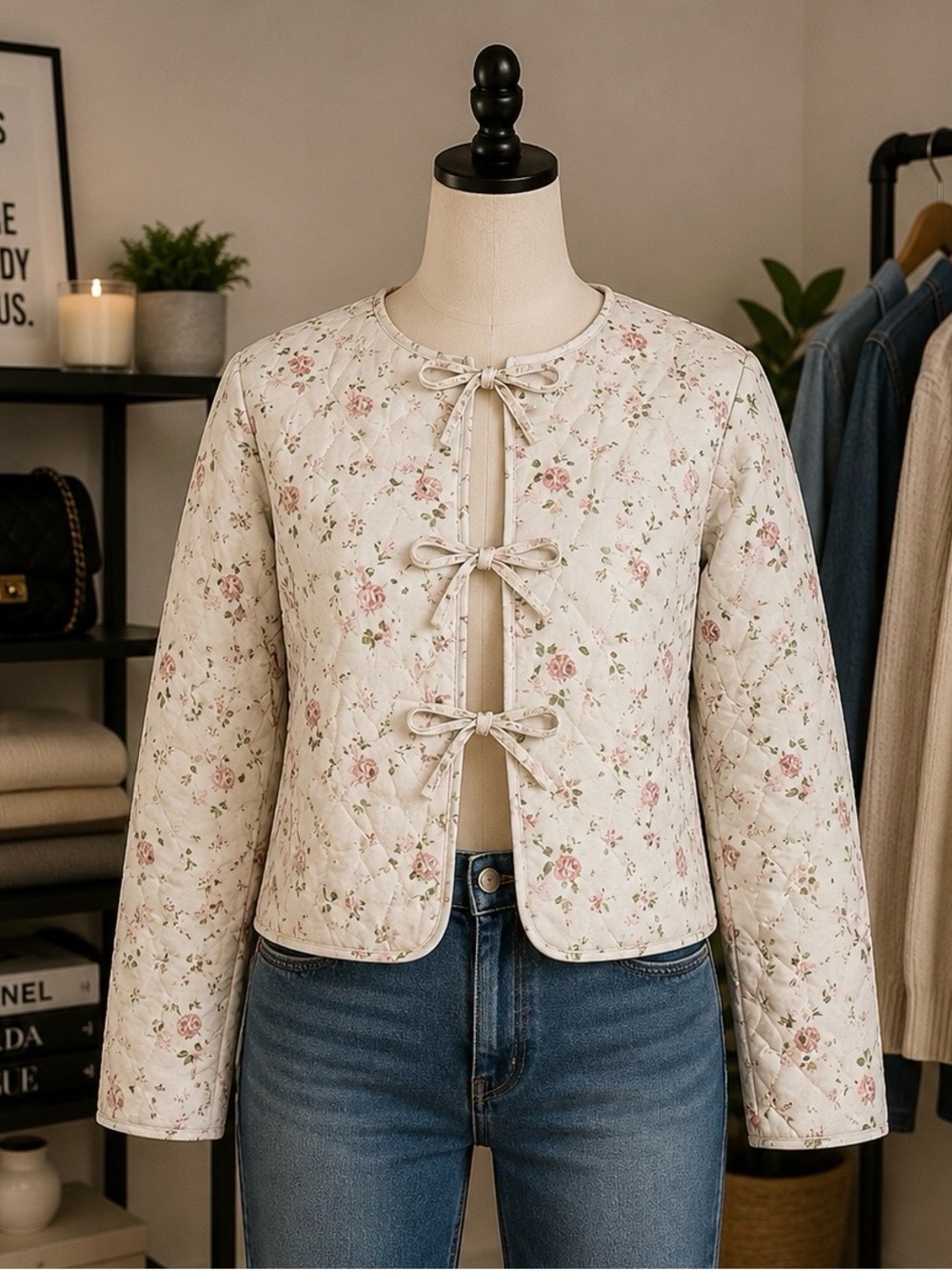 Avec Les Filled Quilted Floral Tie Front Jacket Pink Coquette Women’s size M